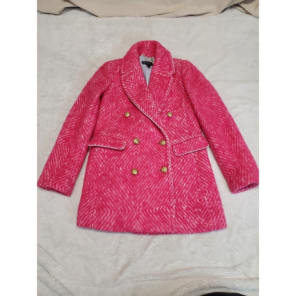 J. Crew Pink Diamond Tweed Wool Blend‎ Gold Long Coat Women Size 0 Statement